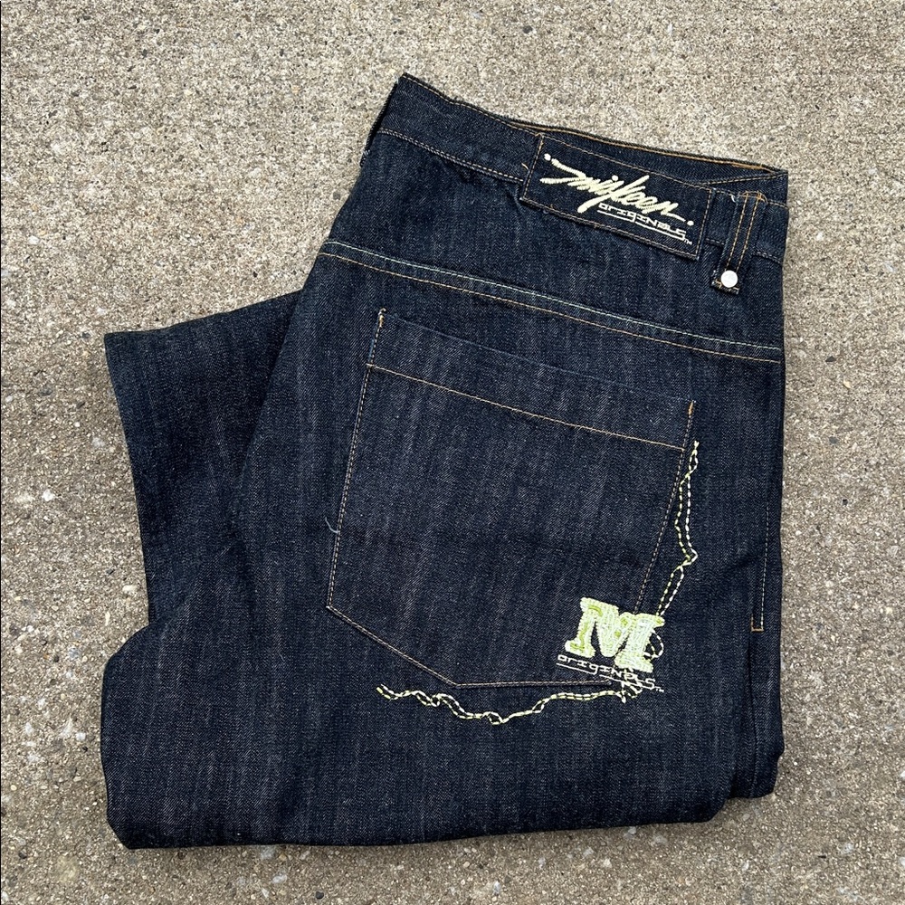 Miskeen dark blue jeans with green Aztec embroidery
